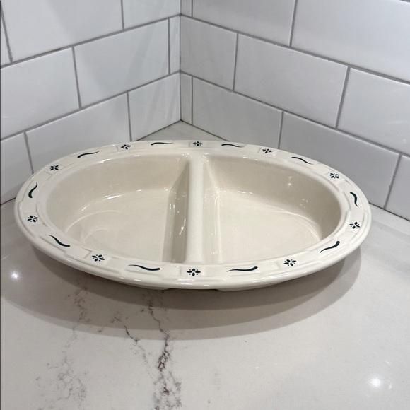 Longaberger Pottery | Divided Serving Bowl | Cream & Green - Picture 1 of 8